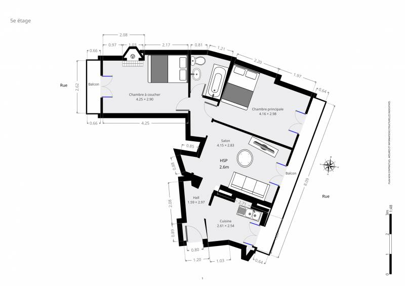 Plan - Appartement 3 pièces / 5ème étage avec ascenseur - à rénover - Paris 15 - rue Humblot - Dupleix