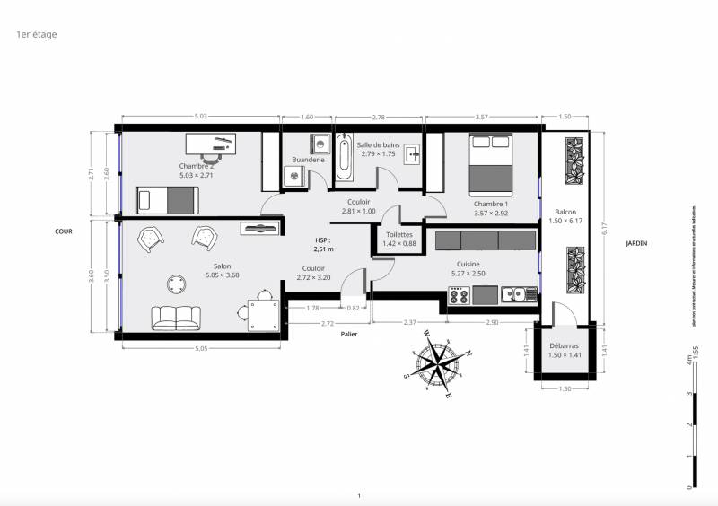 Plan 2D - Appartement T3 avec balcon - Paris 19ème - Century 21 Assas Raspail