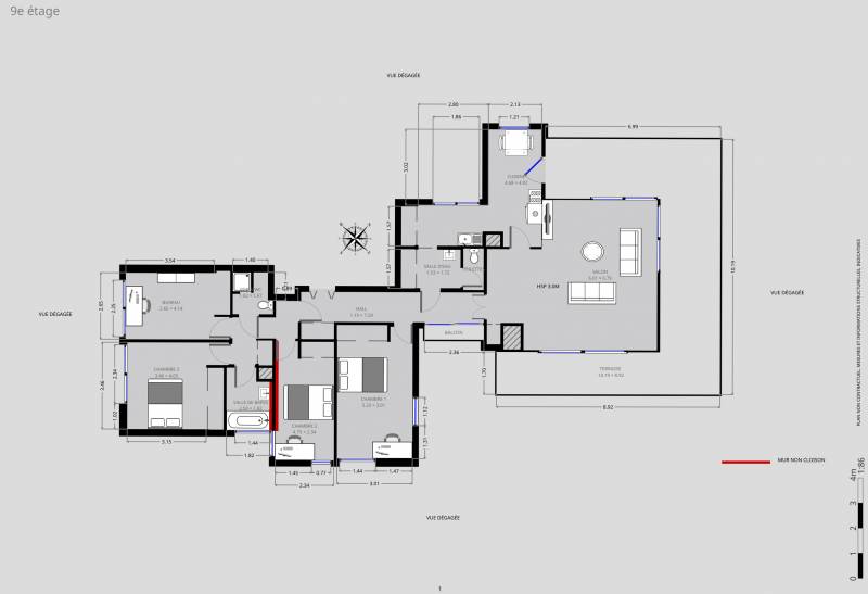 Plan 2D - Penthouse avec vue sur la Tour Eiffel - Century 21 Assas Raspail