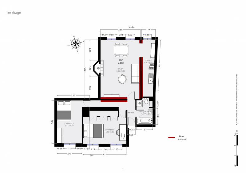 Plan 2D - appartement 3 pièces à rénover - pied-à-terre