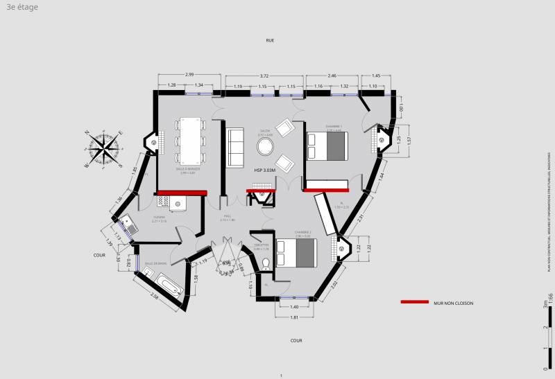 Plan 2D - appartement 4 pièces avec 2 chambres - Paris 6ème