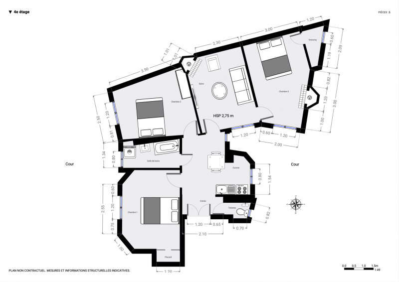 Plan 2D / appartement 4 pièces avec 3 chambres / A VENDRE / Paris 14