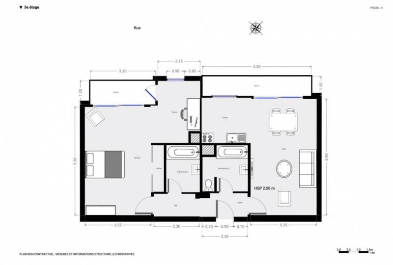 Plan 2D - appartement 2/3 pièces - Paris 6ème