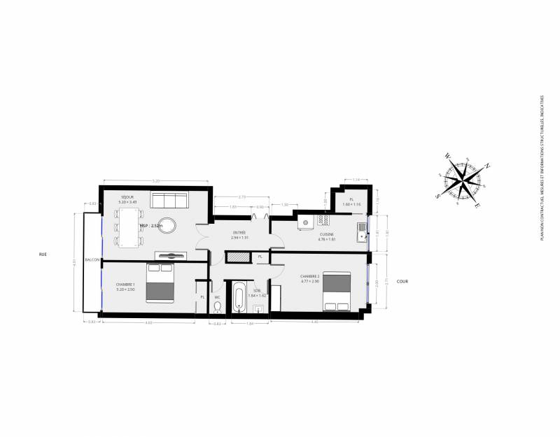 Plan 2D - Appartement 3 pièces à rénover - Paris 15ème / Century 21 Assas Raspail