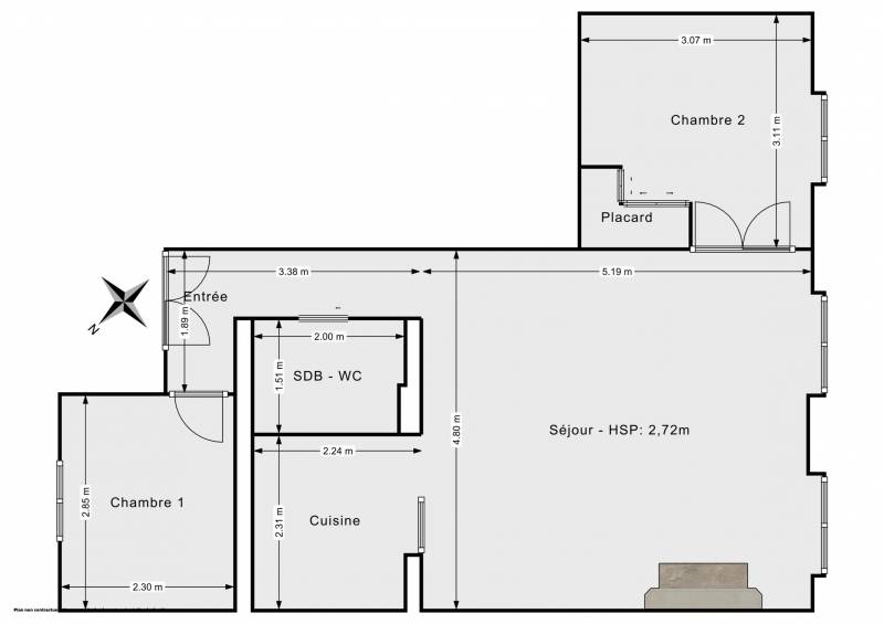PLAN 2D - appartement à vendre sectorisé HENRI IV - 3 pièces avec 2 chambres - 75005 Paris