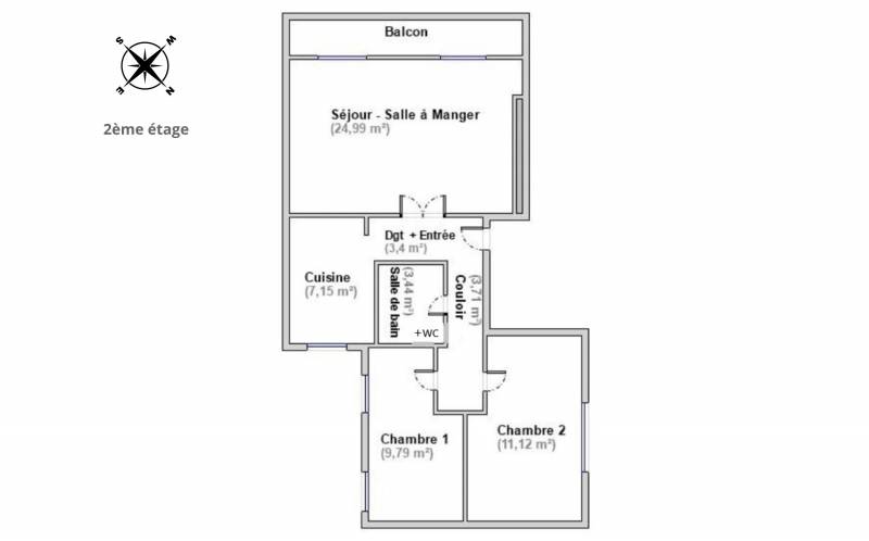 Appartement 3 pièces de 65m² avec 2 chambres et balcon situé au 2ème étage par escalier - Paris 14ème rue Boyer-Barret - métro Pernety  