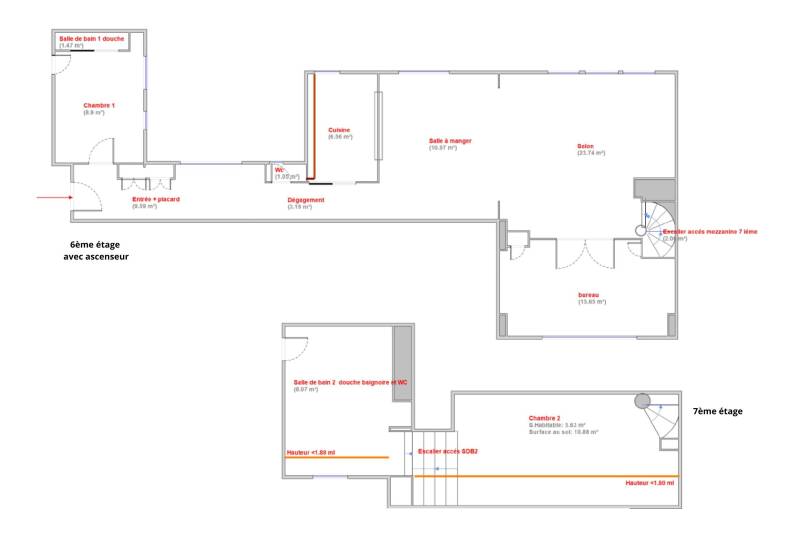 Appartement familial en duplex au dernier étage avec ascenseur - Paris 14ème limite 6ème : rue Campagne Première  
